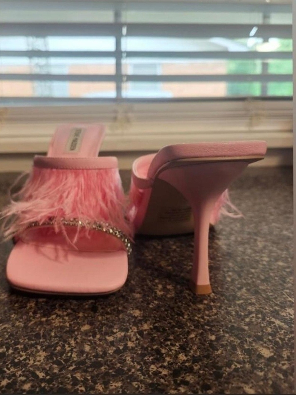 Steve Madden Pink Feather Slide Sandals with Crystal Strap - Picture 5 of 9